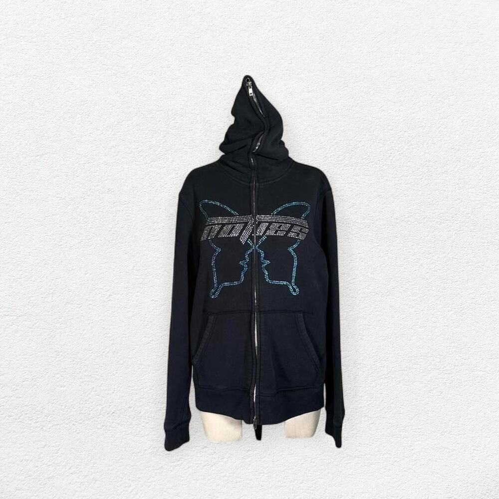 No Ties Bedazzled Rhinestone Butterfly Full Zip Up Jacket in Black & Blue